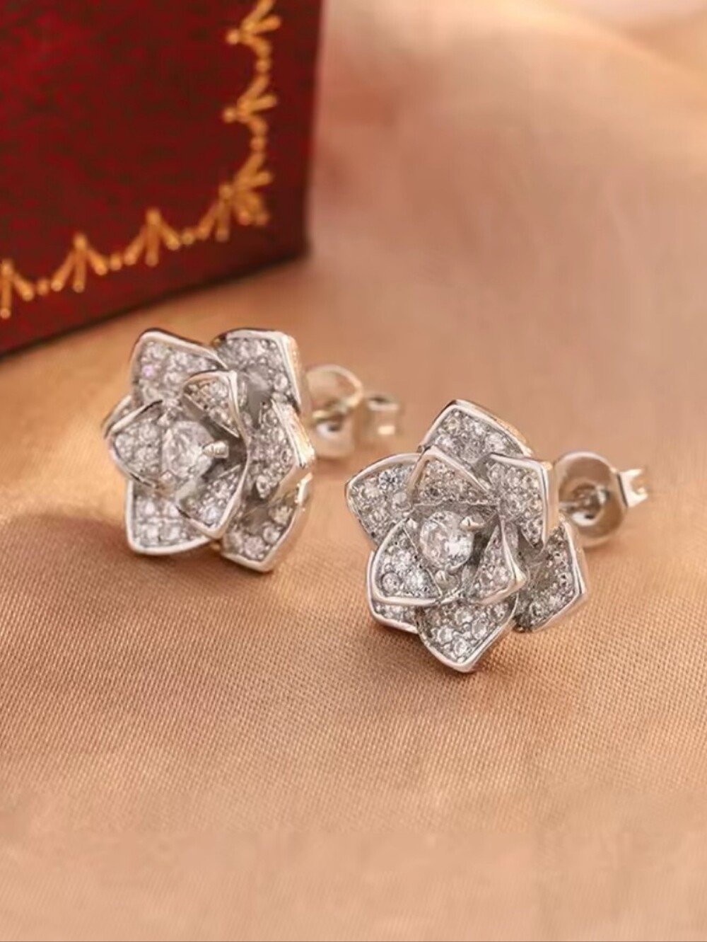 White Rhodium Camelia Quartz Stud Earrings
